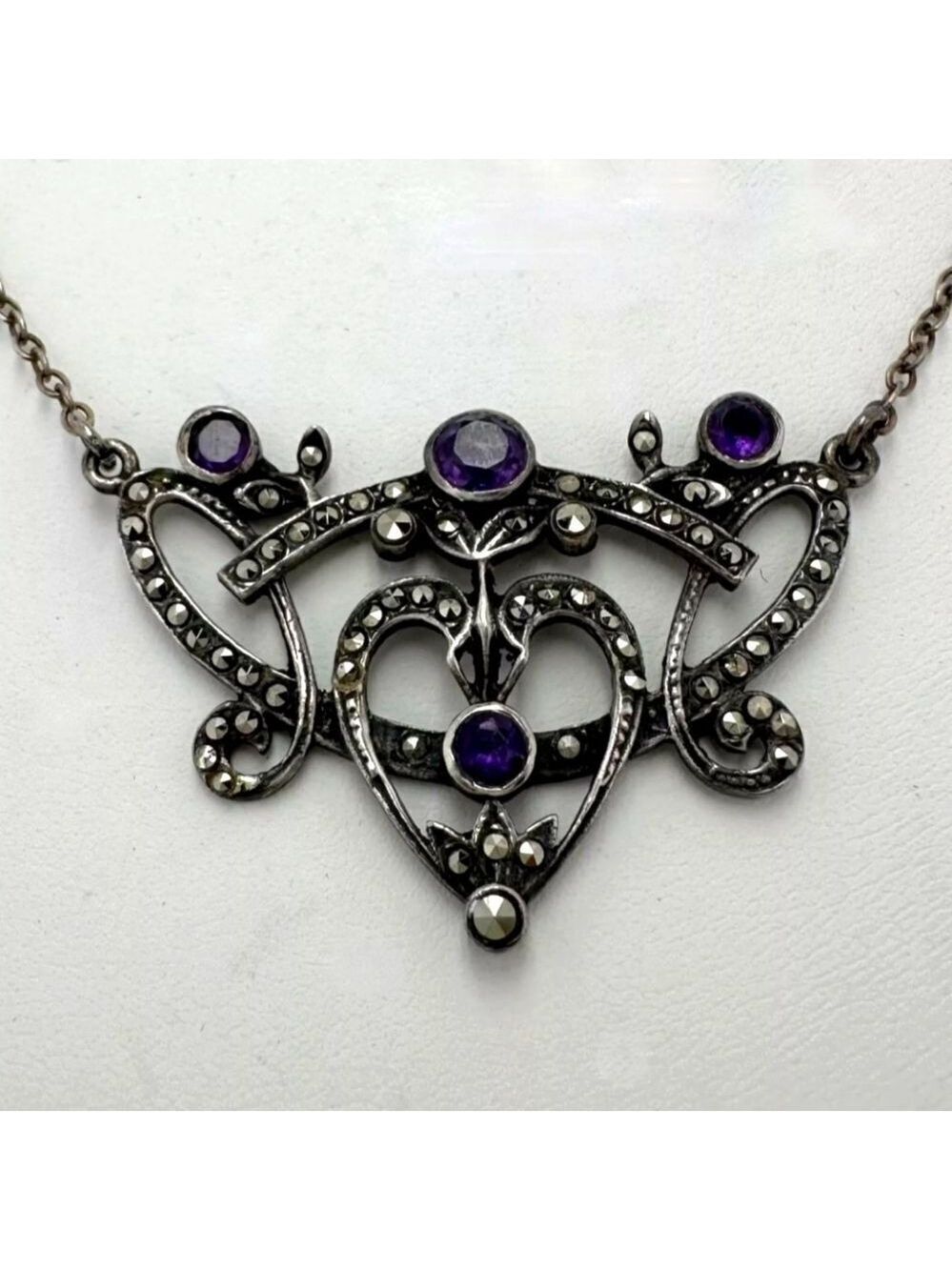 VINTAGE ART NOUVEAU REVIVAL STERLING SILVER MARCASITE AMETHYST PENDANT NECKLACE